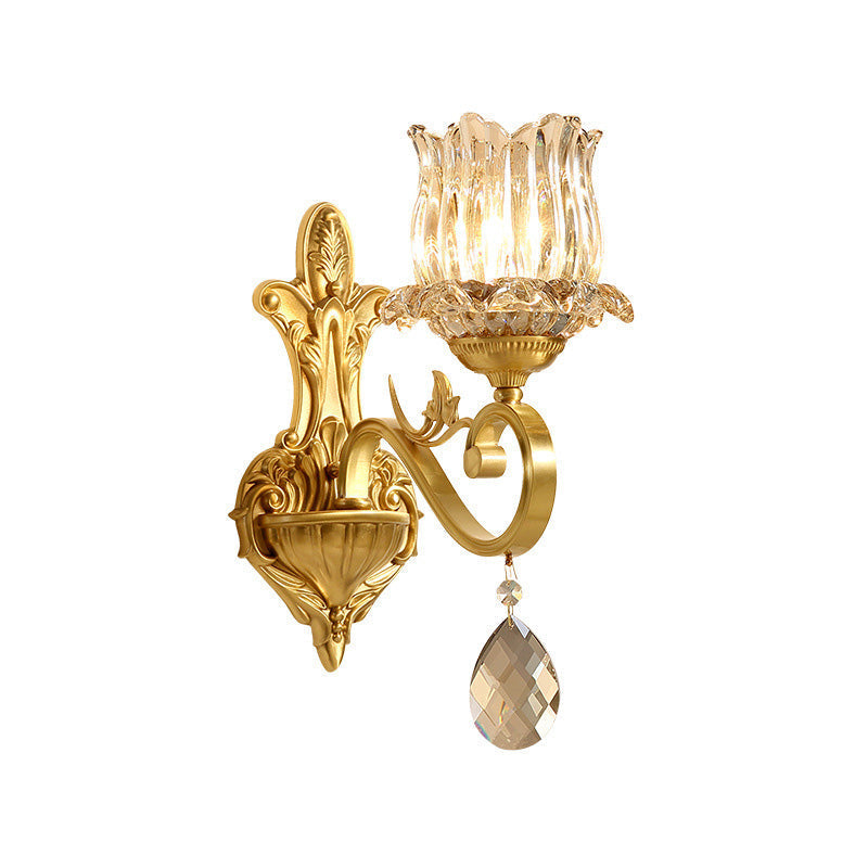 Avtoit | Clear Crystal Flower Wall Lights Contemporary 1-Light Wall Sconce with Carved Arm in Gold for Hallway