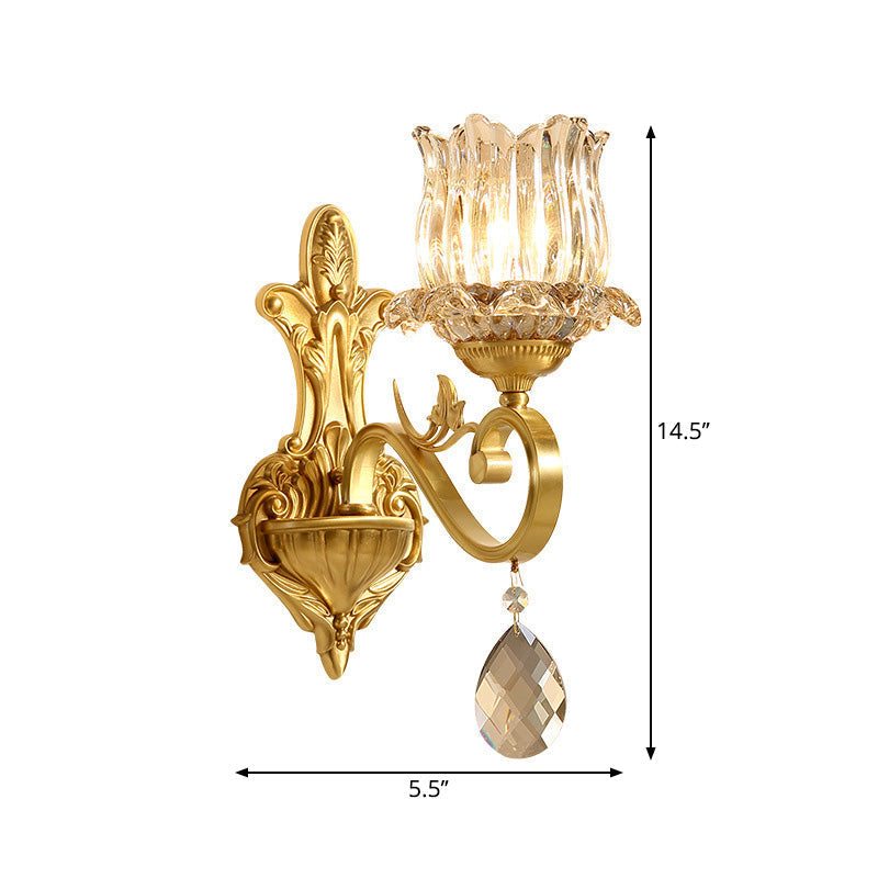 Avtoit | Clear Crystal Flower Wall Lights Contemporary 1-Light Wall Sconce with Carved Arm in Gold for Hallway