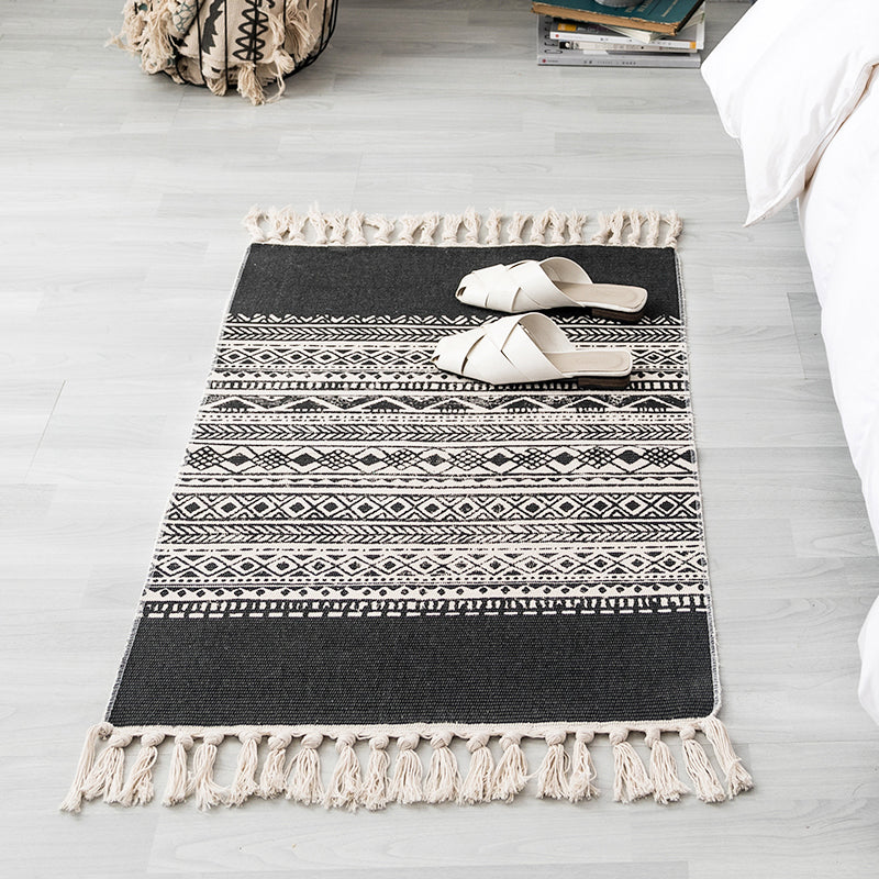 Avtoit | Ethnic geometric pattern rug Multi-color cotton blend area rug machine washable handwoven rug with fringes for room