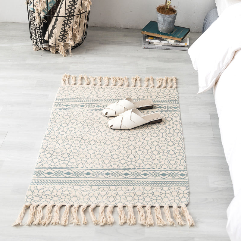 Avtoit | Ethnic geometric pattern rug Multi-color cotton blend area rug machine washable handwoven rug with fringes for room