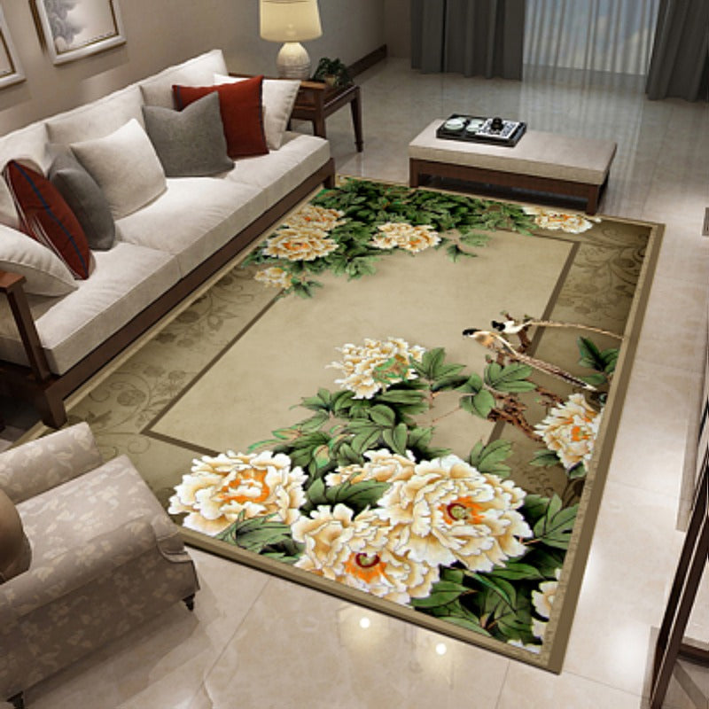 Avtoit | Multicolored living room rug Chinoiserie flower rug polypropylene machine washable stain resistant non-slip back rug