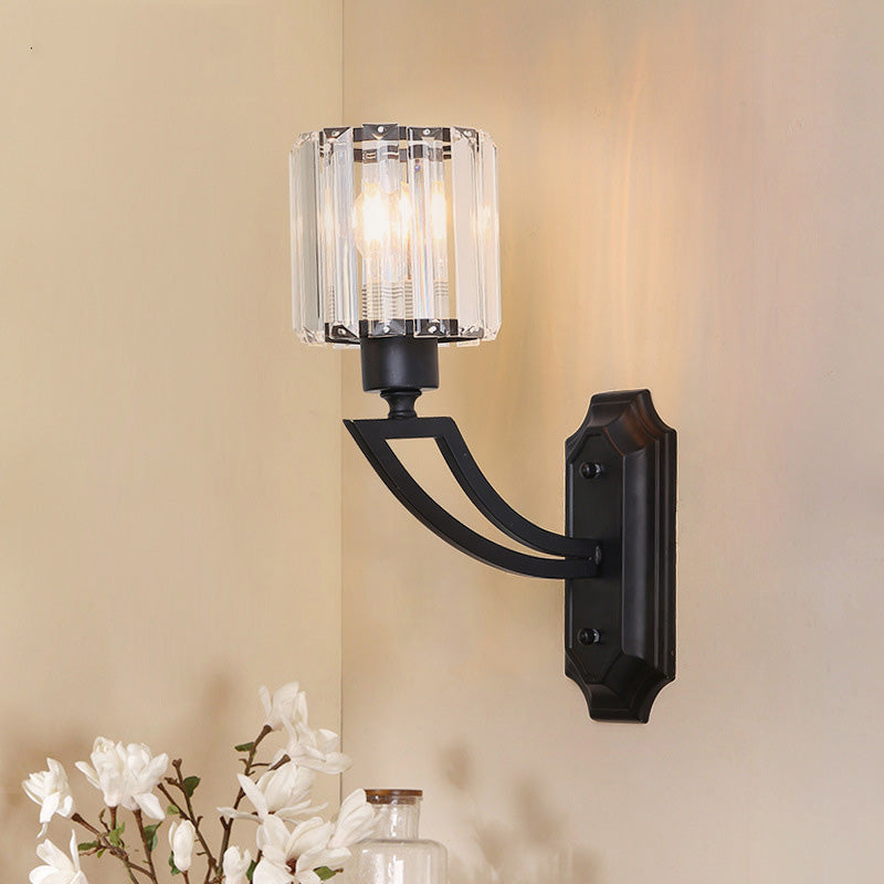 Avtoit | Cylindrical Clear Crystal Wall Lamp Modernist Style 1 Light Black/Gold Finish Wall Lighting Fixture with Curved Arm