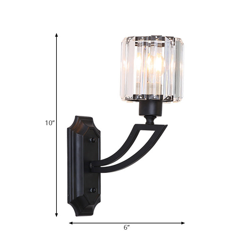 Avtoit | Cylindrical Clear Crystal Wall Lamp Modernist Style 1 Light Black/Gold Finish Wall Lighting Fixture with Curved Arm