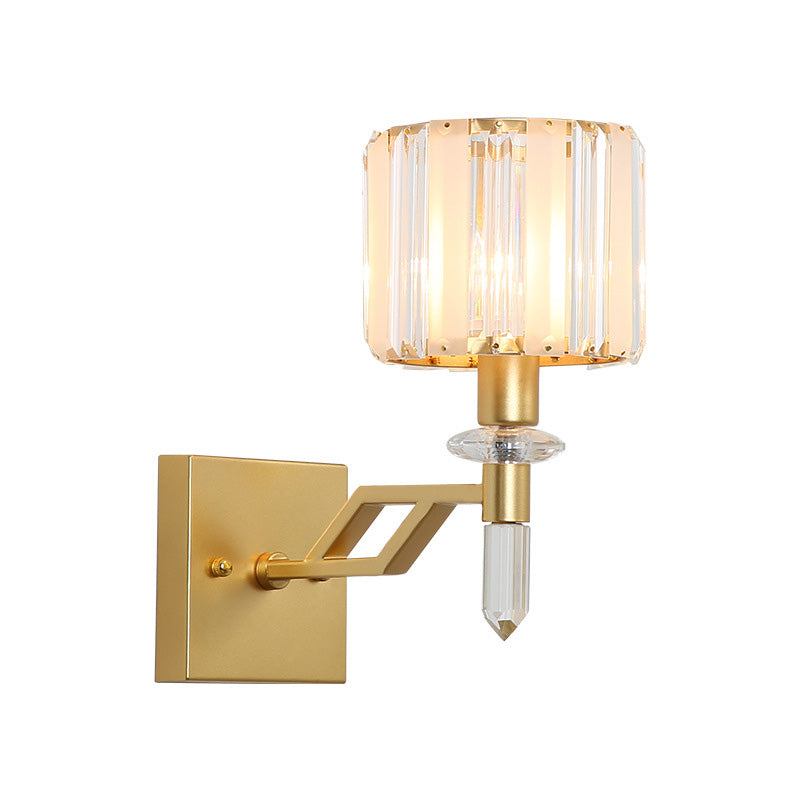Avtoit | Cylindrical Clear Crystal Wall Lamp Modernist Style 1 Light Black/Gold Finish Wall Lighting Fixture with Curved Arm