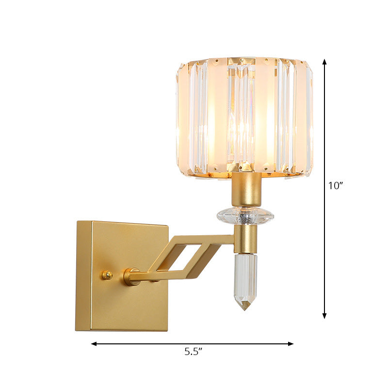 Avtoit | Cylindrical Clear Crystal Wall Lamp Modernist Style 1 Light Black/Gold Finish Wall Lighting Fixture with Curved Arm
