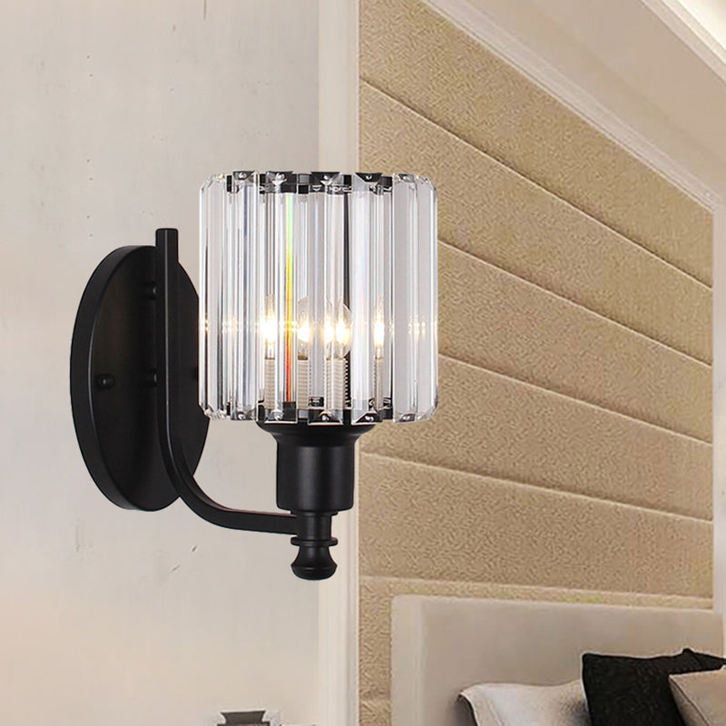 Avtoit | Modernist Cylinder Wall Light Clear Crystal 1 Head Bedroom Wall Mounted Light with Curved Arm in Black/Gold