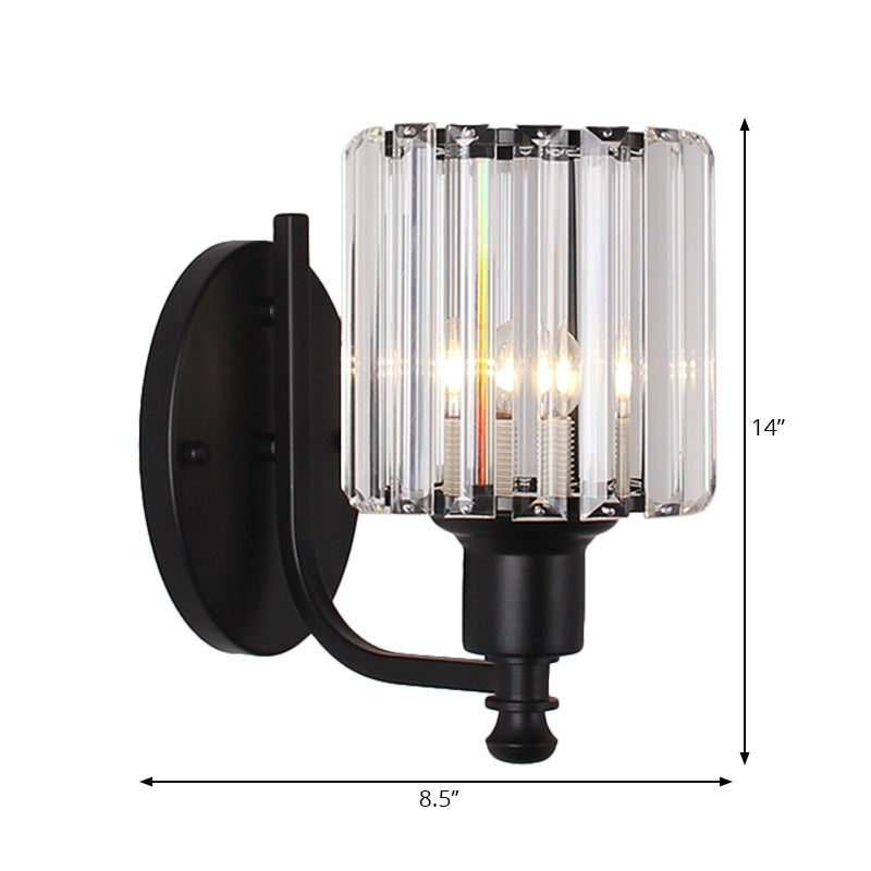 Avtoit | Modernist Cylinder Wall Light Clear Crystal 1 Head Bedroom Wall Mounted Light with Curved Arm in Black/Gold