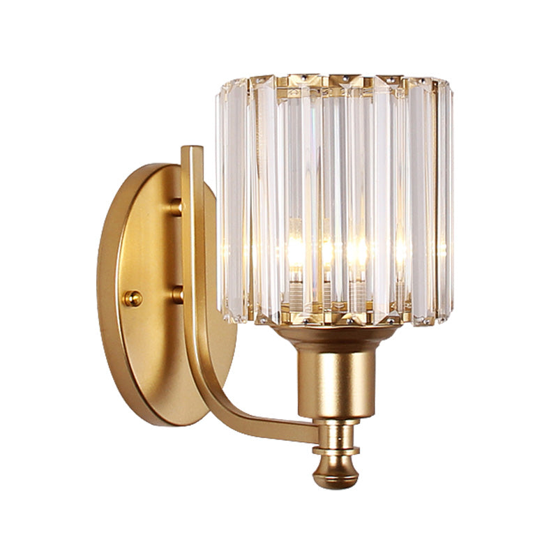 Avtoit | Modernist Cylinder Wall Light Clear Crystal 1 Head Bedroom Wall Mounted Light with Curved Arm in Black/Gold