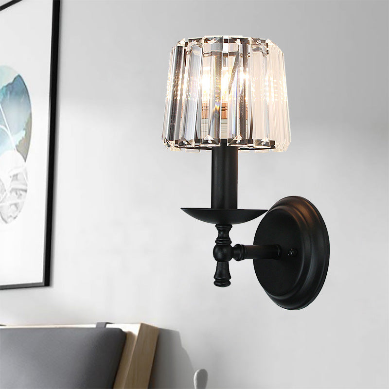 Avtoit | Contemporary Cone Wall Lamp Clear Crystal 1 Head Nightstand Wall Sconces Light with Curved/Beam Arm in Black