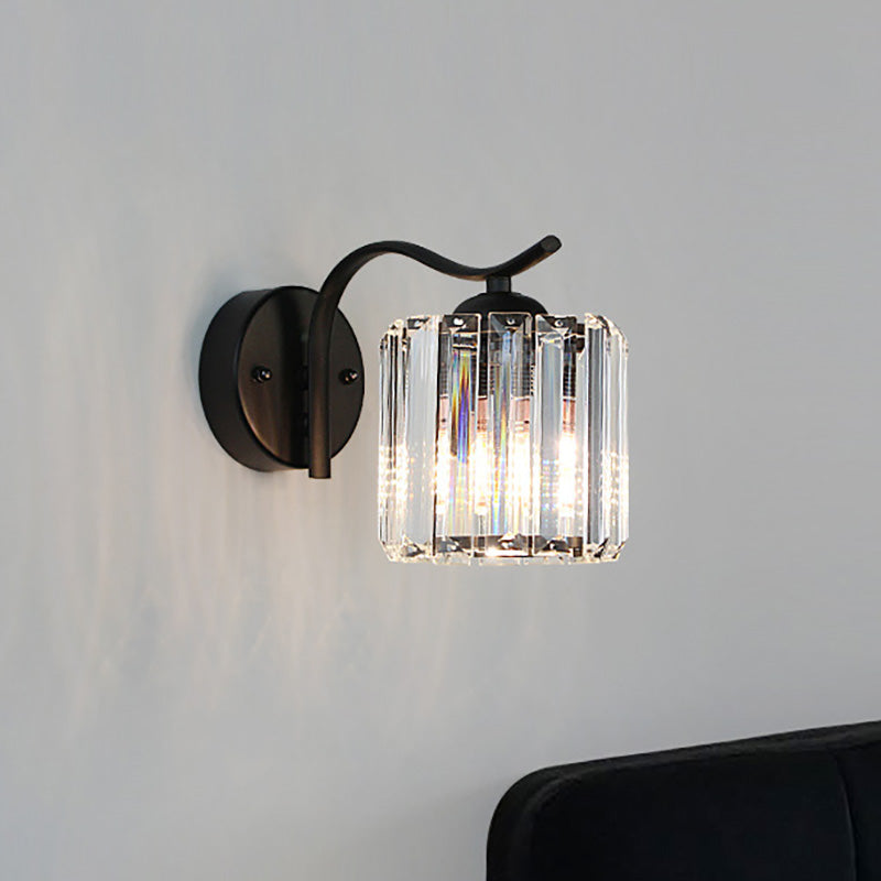 Avtoit | Contemporary Cone Wall Lamp Clear Crystal 1 Head Nightstand Wall Sconces Light with Curved/Beam Arm in Black