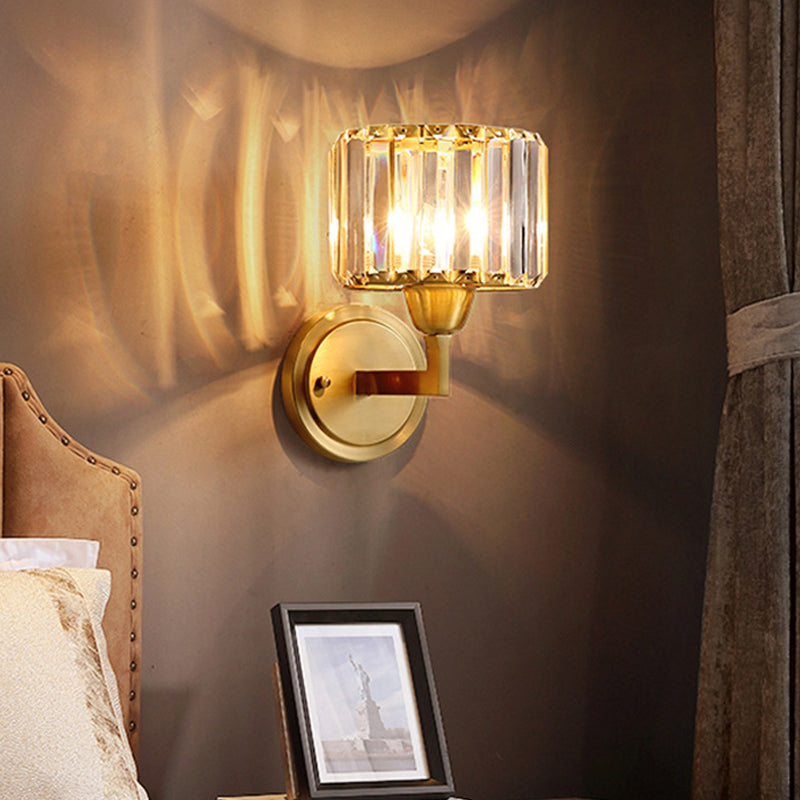 Avtoit | Simple 1 Light Wall Mounted Lighting Brass Drum Wall Lamp with Crystal Shade