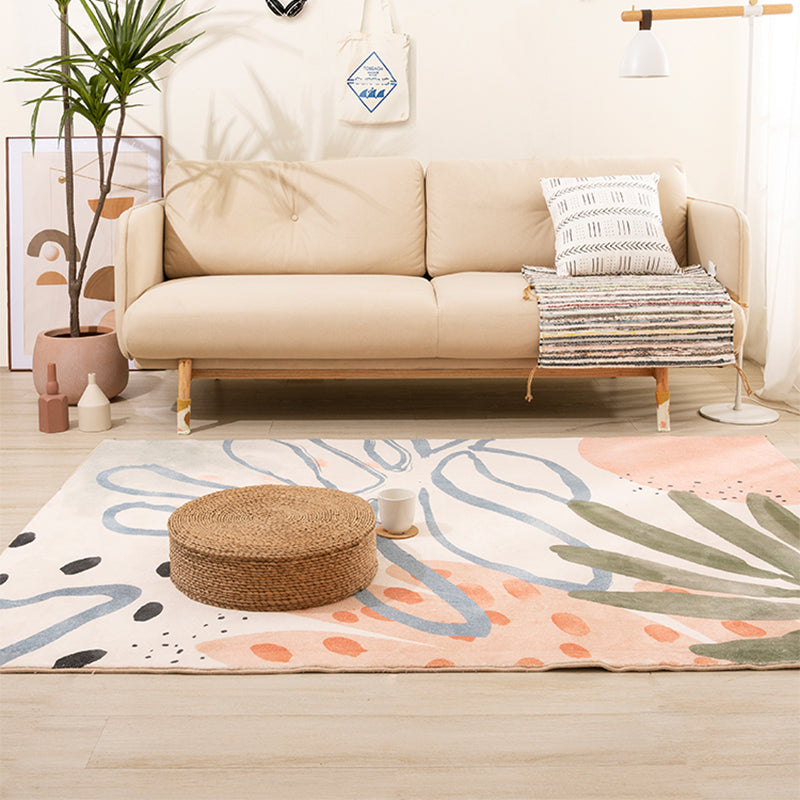 Avtoit | Nordic Palm Leaf Drawing Rug White Polypropylene Rug Pet Friendly Stain Resistant Non-Slip Back Rug for Girls Room