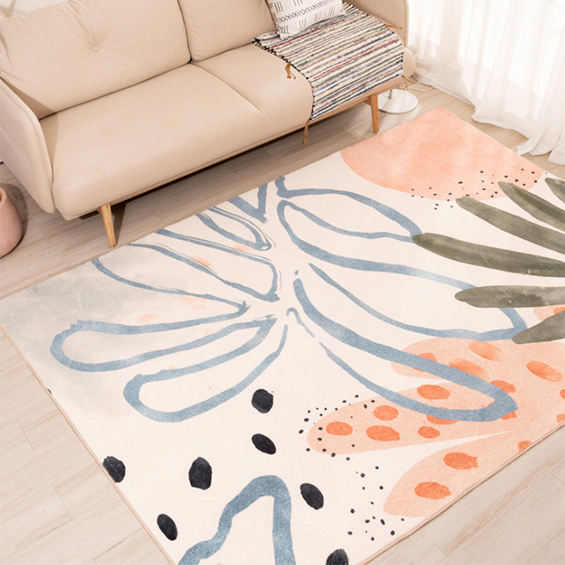Avtoit | Nordic Palm Leaf Drawing Rug White Polypropylene Rug Pet Friendly Stain Resistant Non-Slip Back Rug for Girls Room