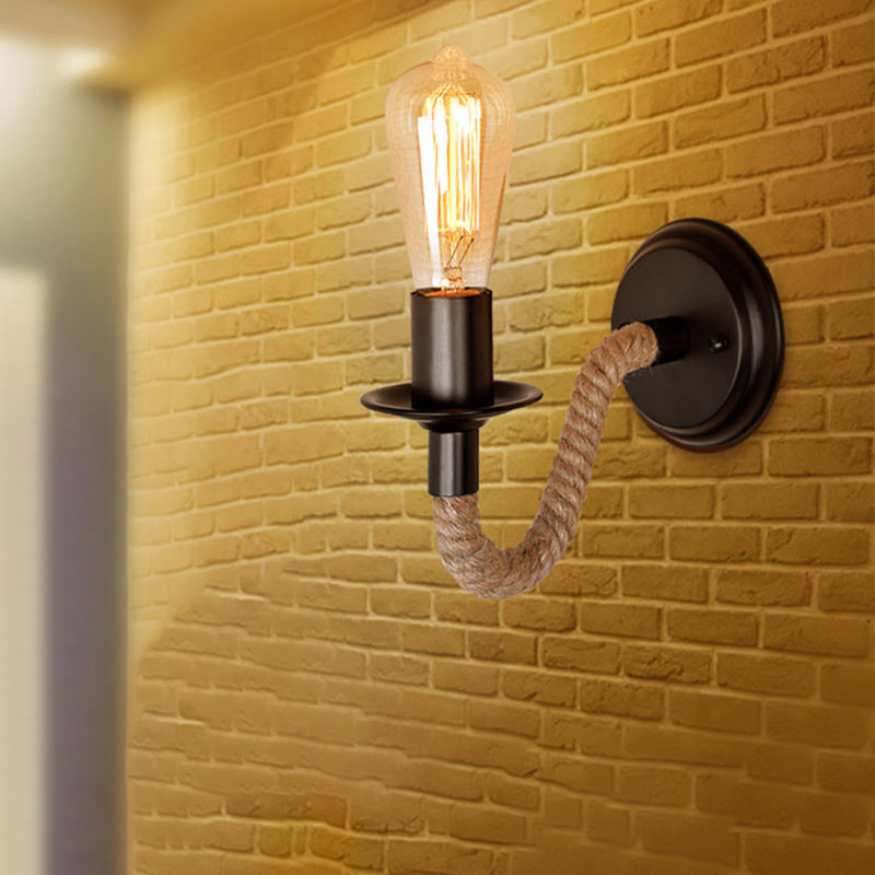 Avtoit | Single Curved Arm Wall Lamp Rustic Brown Rope Wall Light Lighting with Exposed Bulb Design