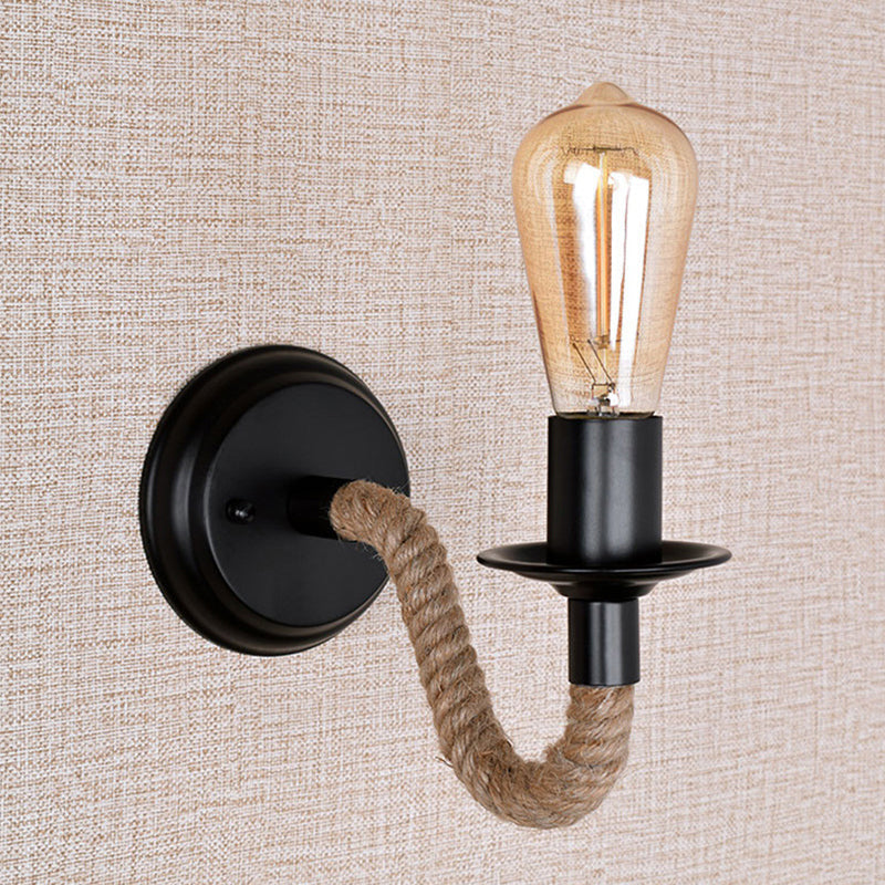Avtoit | Single Curved Arm Wall Lamp Rustic Brown Rope Wall Light Lighting with Exposed Bulb Design