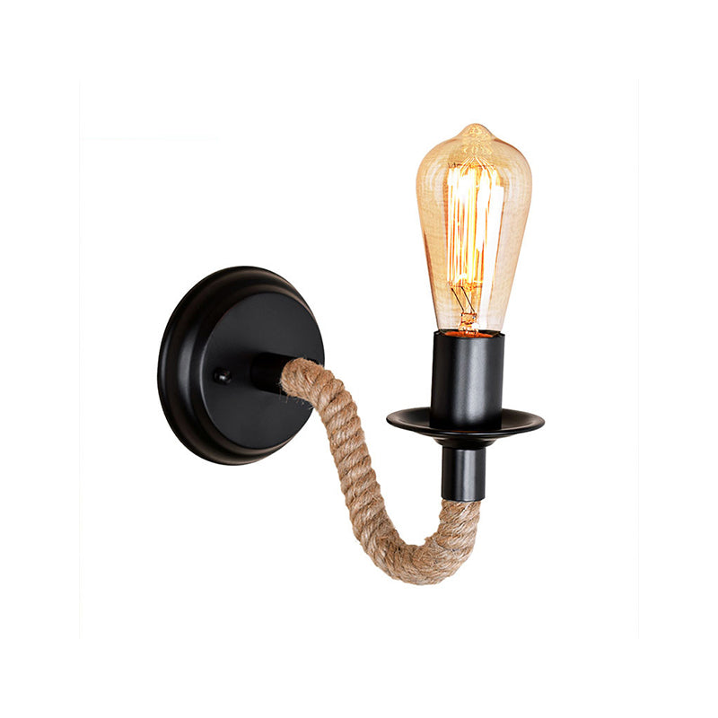 Avtoit | Single Curved Arm Wall Lamp Rustic Brown Rope Wall Light Lighting with Exposed Bulb Design