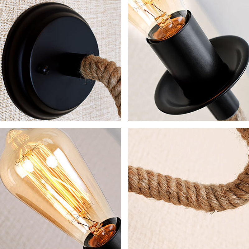 Avtoit | Single Curved Arm Wall Lamp Rustic Brown Rope Wall Light Lighting with Exposed Bulb Design