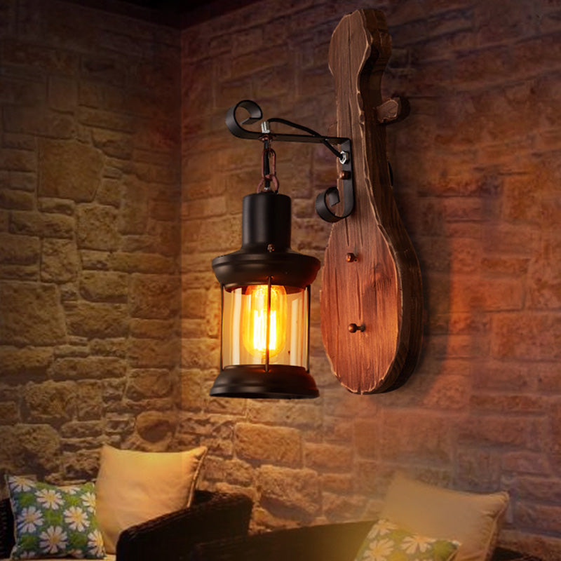 Avtoit | Nautical Novelty Guitar Wall Light Fixture 1-Light Wooden Sconce with Lantern Lampshade