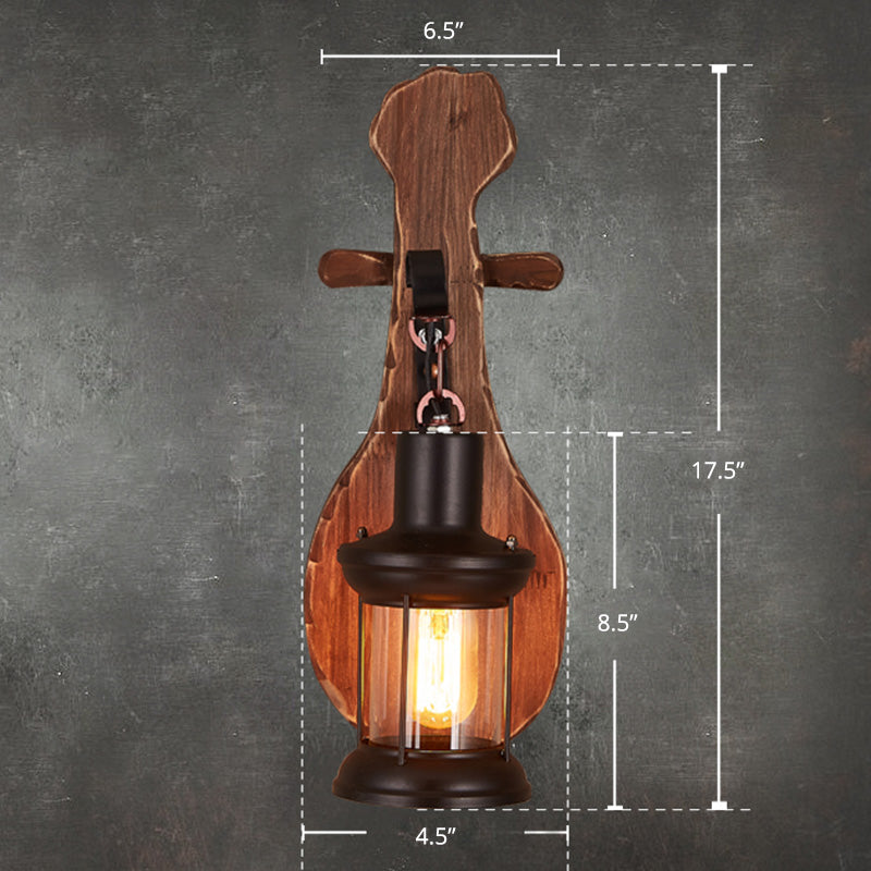 Avtoit | Nautical Novelty Guitar Wall Light Fixture 1-Light Wooden Sconce with Lantern Lampshade