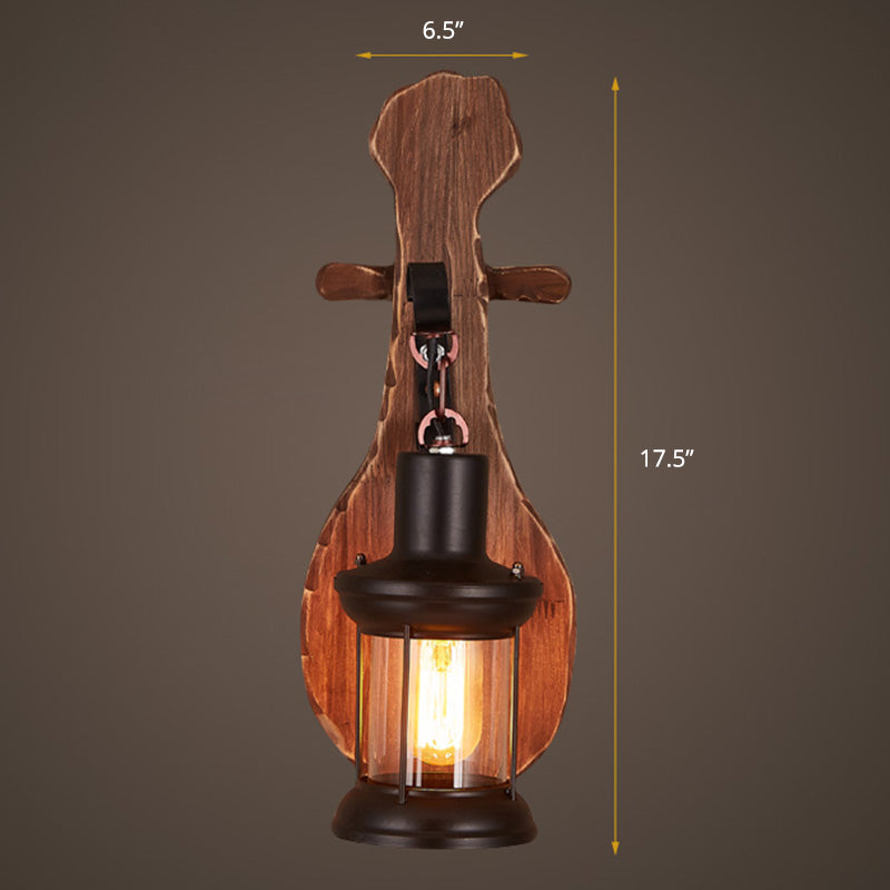 Avtoit | Nautical Novelty Guitar Wall Light Fixture 1-Light Wooden Sconce with Lantern Lampshade