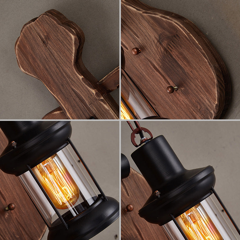Avtoit | Nautical Novelty Guitar Wall Light Fixture 1-Light Wooden Sconce with Lantern Lampshade