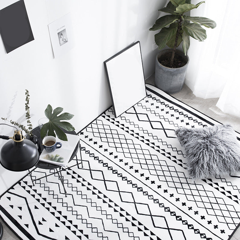 Avtoit | Black Living Room Rug Nordic Geometric Print Area Rug Polypropylene Non-Slip Pet Friendly Easy Care Rug