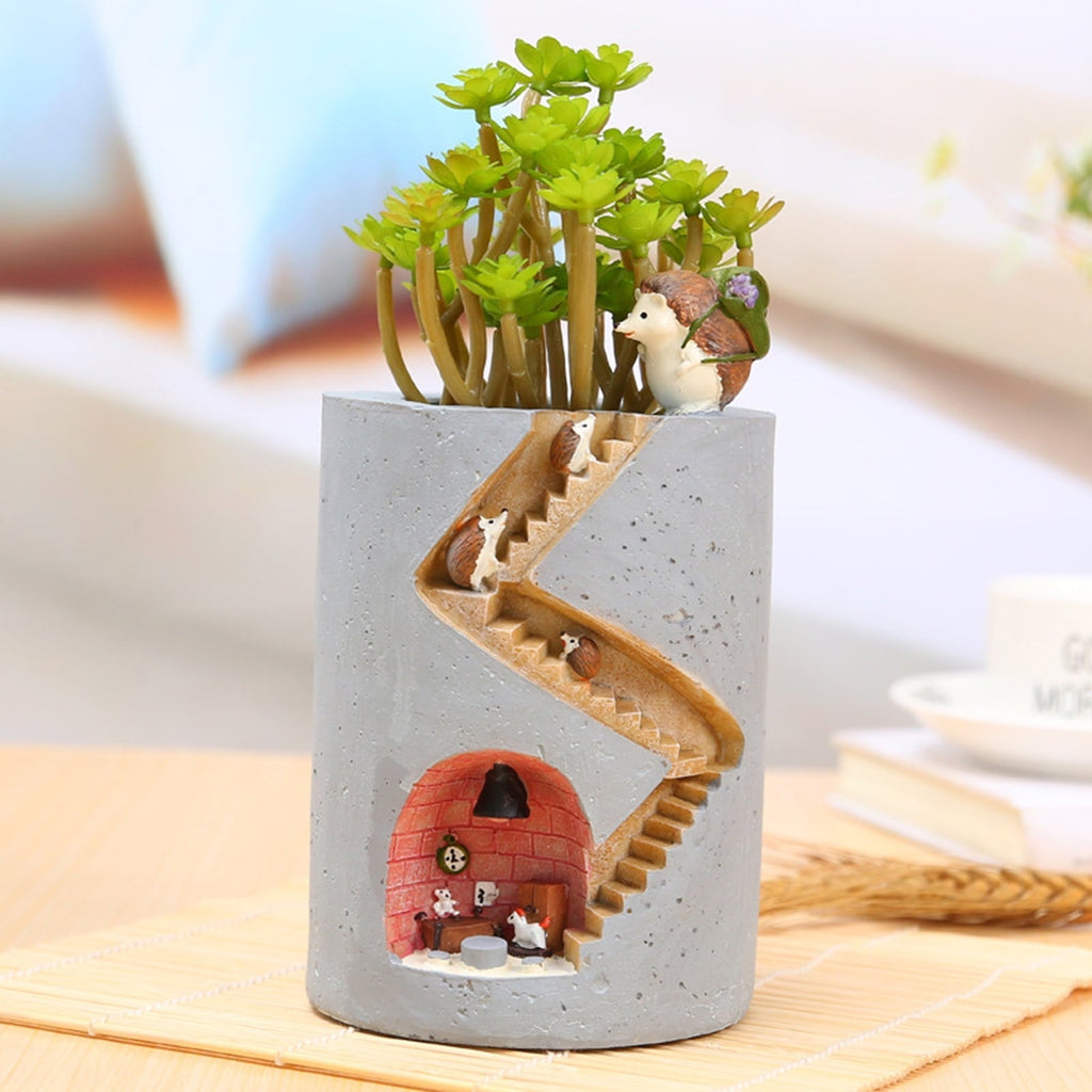Avtoit | Decorative plant pot with hedgehog and rabbit miniature – Creative staircase design for plants