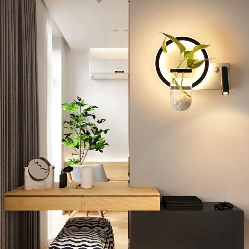 Avtoit | Decorative Loop-shaped Wall Lamp Metal LED Wall Lamp with Spot and Plant Pot in Black-White