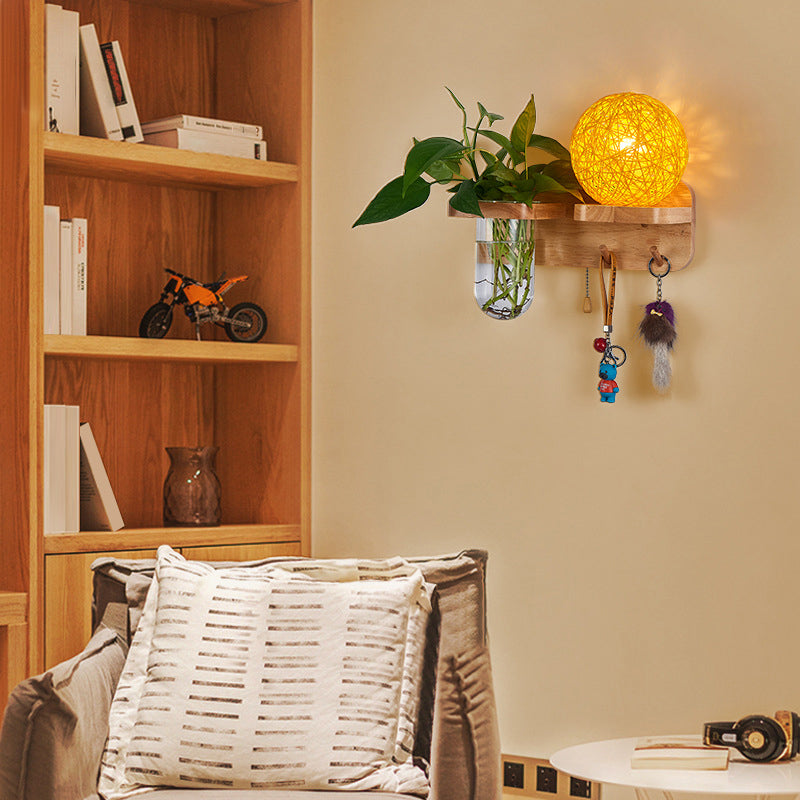 Avtoit | 1-Light Rattan Wall Lamp Nordic Ball Living Room Wall Lamp with Pull Chain and Plant Pot