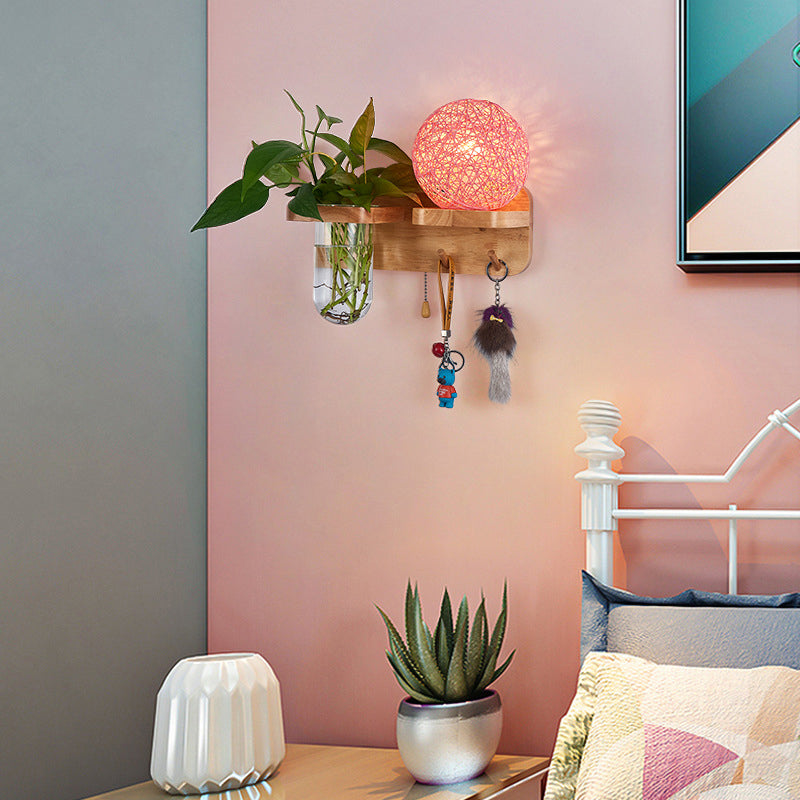 Avtoit | 1-Light Rattan Wall Lamp Nordic Ball Living Room Wall Lamp with Pull Chain and Plant Pot