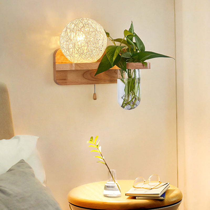 Avtoit | 1-Light Rattan Wall Lamp Nordic Ball Living Room Wall Lamp with Pull Chain and Plant Pot