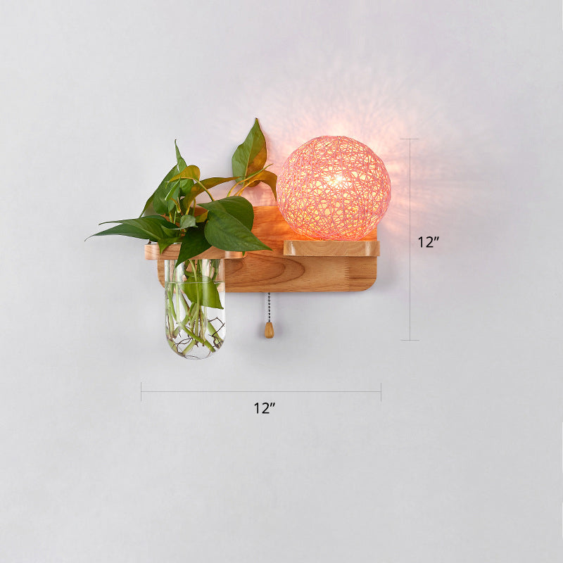 Avtoit | 1-Light Rattan Wall Lamp Nordic Ball Living Room Wall Lamp with Pull Chain and Plant Pot