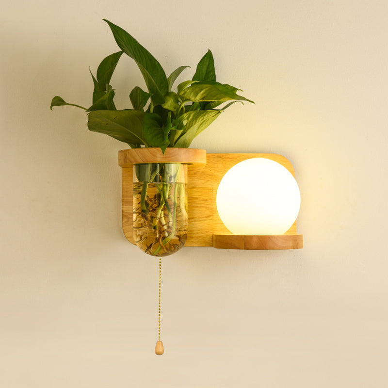 Avtoit | Milk Glass Ball Wall Lighting Nordic 1-Light Nightstand Pull Cord Wall Lamp with Wooden Shelf and Planter
