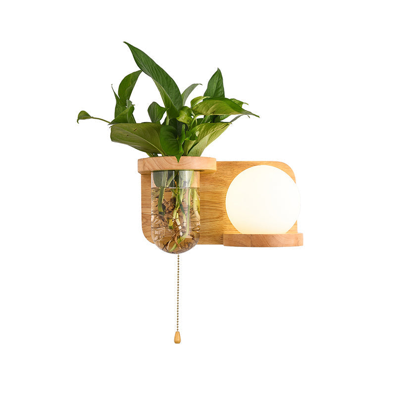 Avtoit | Milk Glass Ball Wall Lighting Nordic 1-Light Nightstand Pull Cord Wall Lamp with Wooden Shelf and Planter