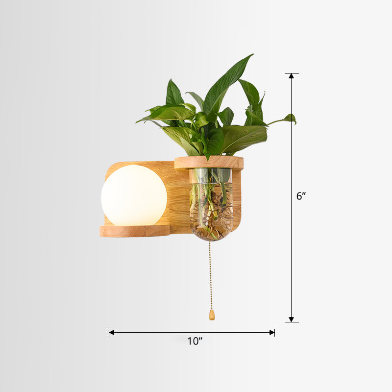 Avtoit | Milk Glass Ball Wall Lighting Nordic 1-Light Nightstand Pull Cord Wall Lamp with Wooden Shelf and Planter