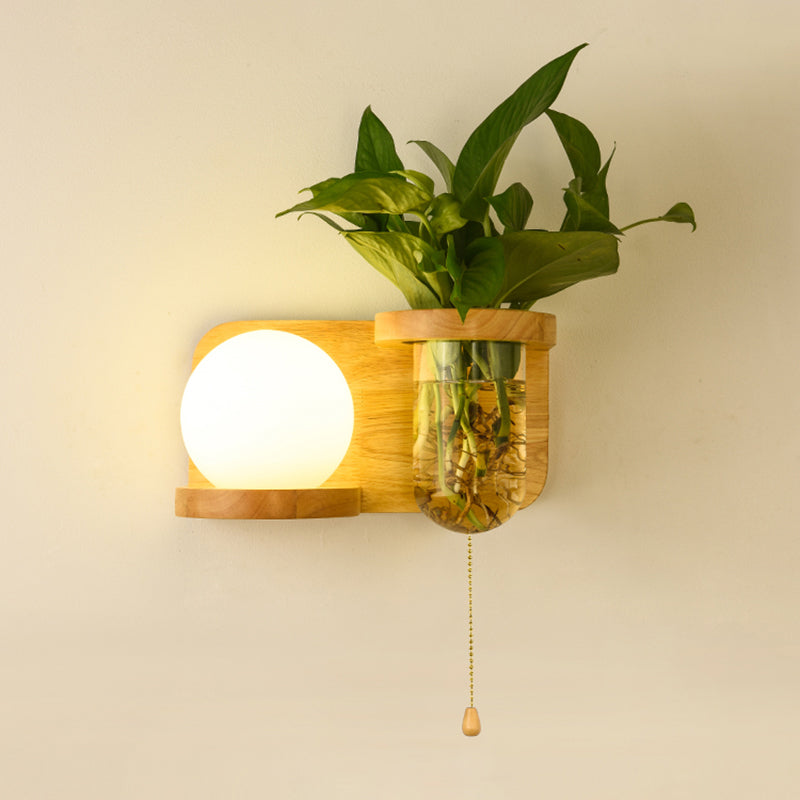 Avtoit | Milk Glass Ball Wall Lighting Nordic 1-Light Nightstand Pull Cord Wall Lamp with Wooden Shelf and Planter