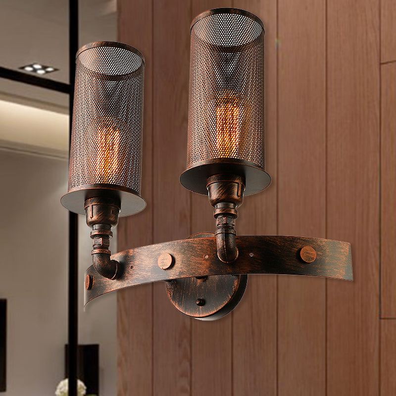 Avtoit | Antique style double cylinder wall lamp with mesh shade 2 lights wrought iron wall mount lamp in aged copper