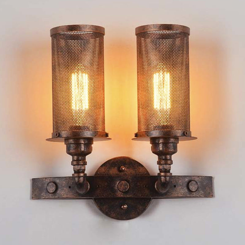 Avtoit | Antique style double cylinder wall lamp with mesh shade 2 lights wrought iron wall mount lamp in aged copper