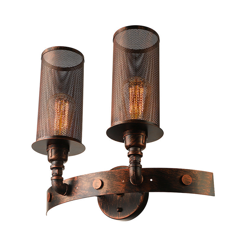 Avtoit | Antique style double cylinder wall lamp with mesh shade 2 lights wrought iron wall mount lamp in aged copper