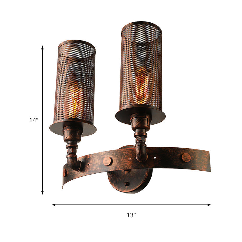 Avtoit | Antique style double cylinder wall lamp with mesh shade 2 lights wrought iron wall mount lamp in aged copper