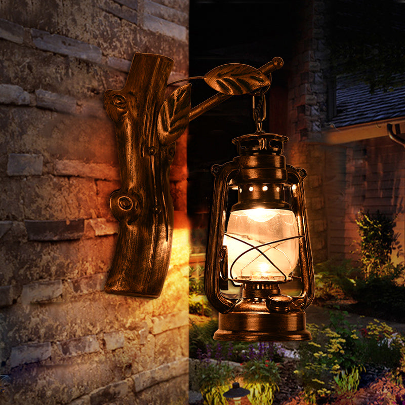 Avtoit | Rustic Oil Lantern Wall Lighting 1 Head Clear Glass Wall Lamp in Black for Corridor