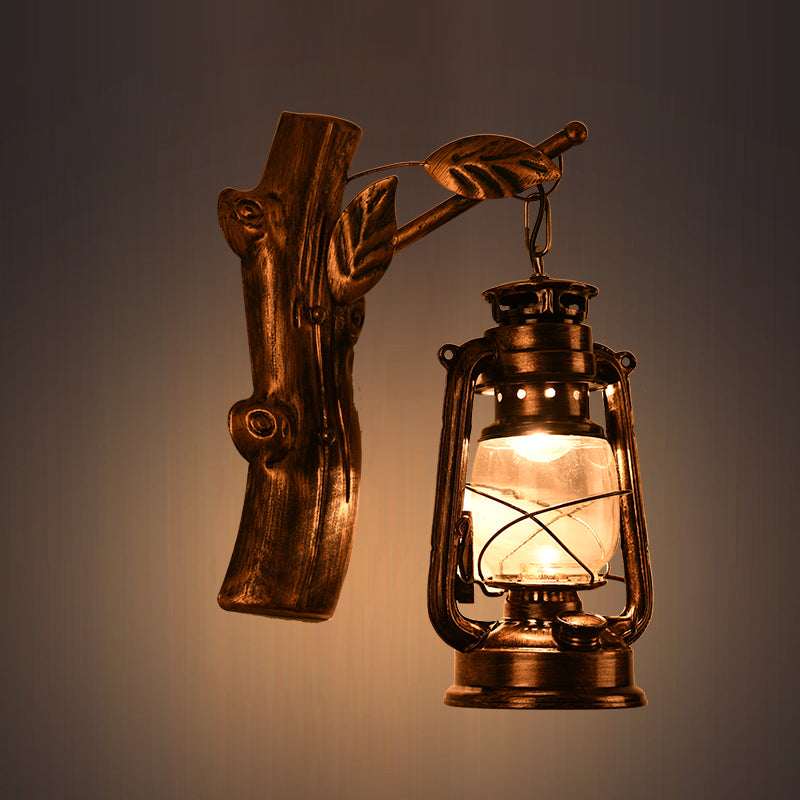 Avtoit | Rustic Oil Lantern Wall Lighting 1 Head Clear Glass Wall Lamp in Black for Corridor