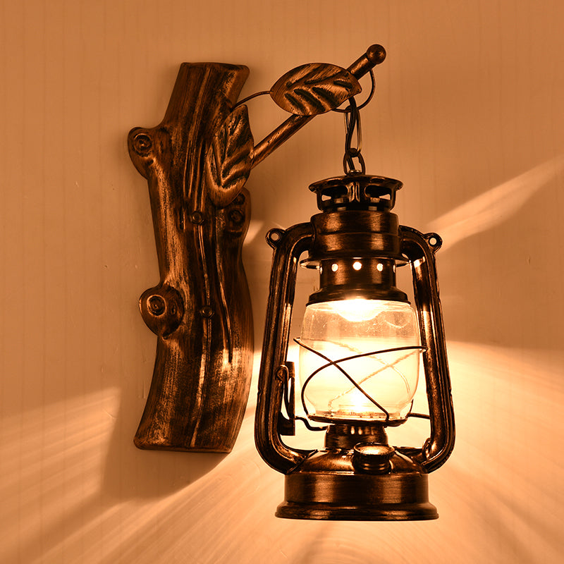 Avtoit | Rustic Oil Lantern Wall Lighting 1 Head Clear Glass Wall Lamp in Black for Corridor