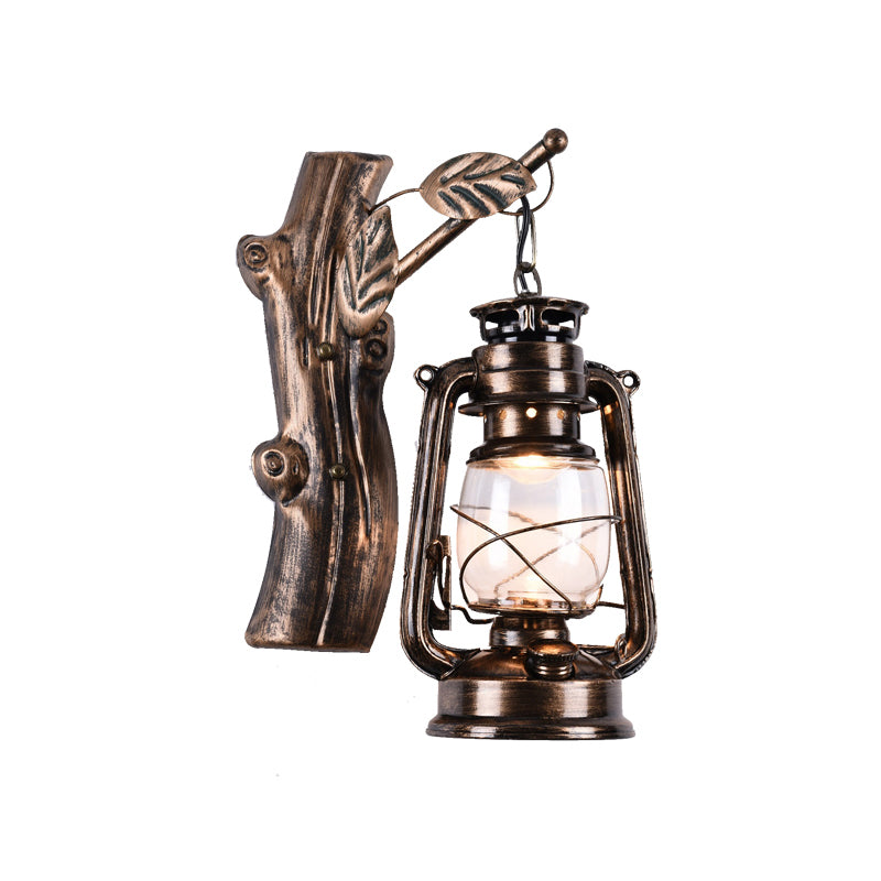 Avtoit | Rustic Oil Lantern Wall Lighting 1 Head Clear Glass Wall Lamp in Black for Corridor