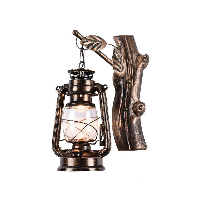 Avtoit | Rustic Oil Lantern Wall Lighting 1 Head Clear Glass Wall Lamp in Black for Corridor