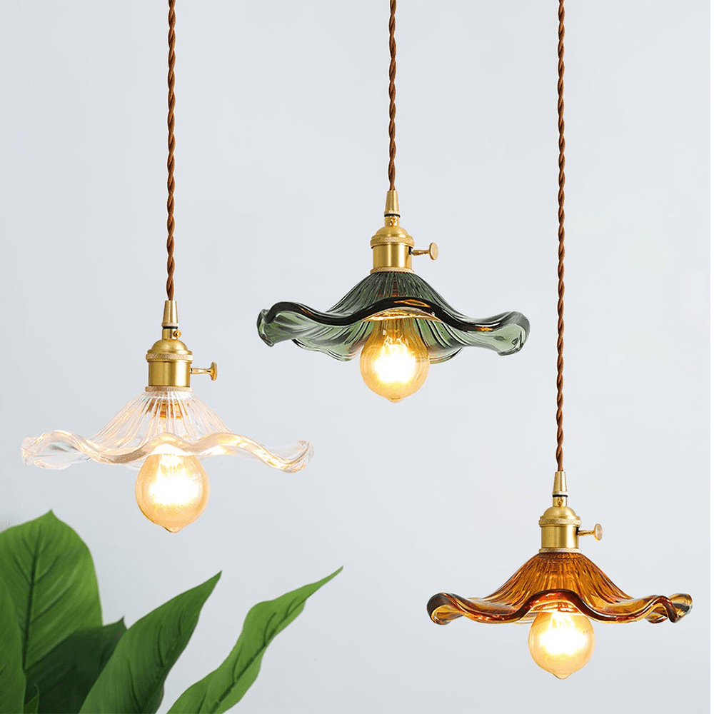 Avtoit | Elegant Hibiscus Flower Pendant Light – Glass & Brass Hanging Lamp