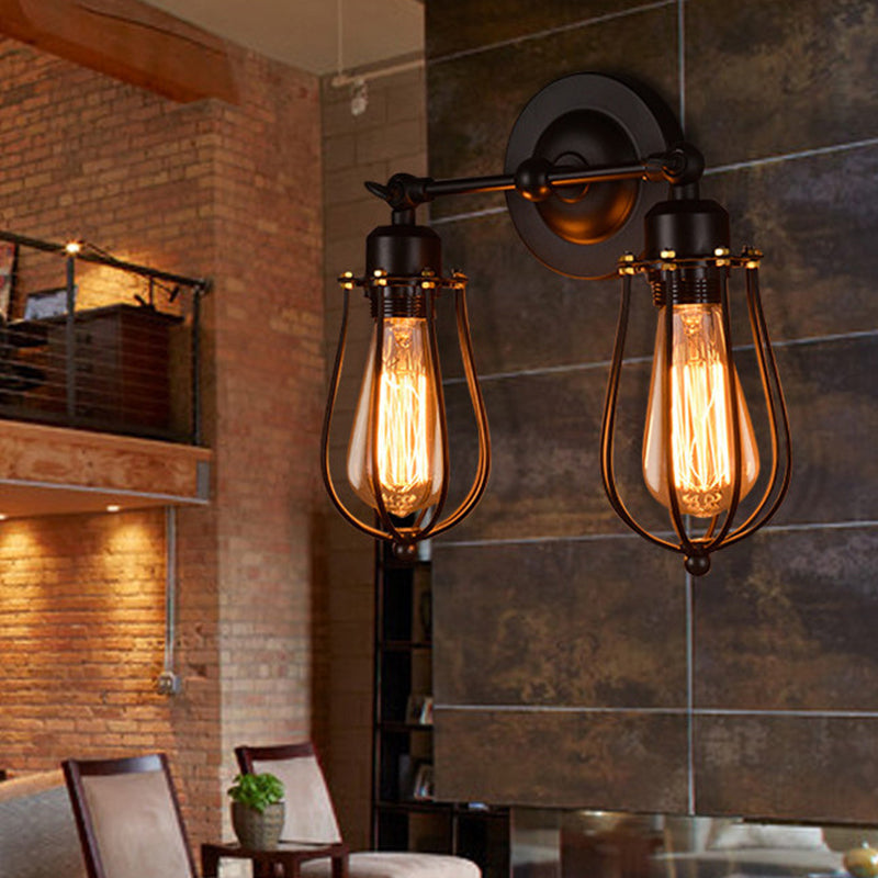 Avtoit | Pear-shaped cage iron wall lamp industrial bedroom adjustable reading wall light in black