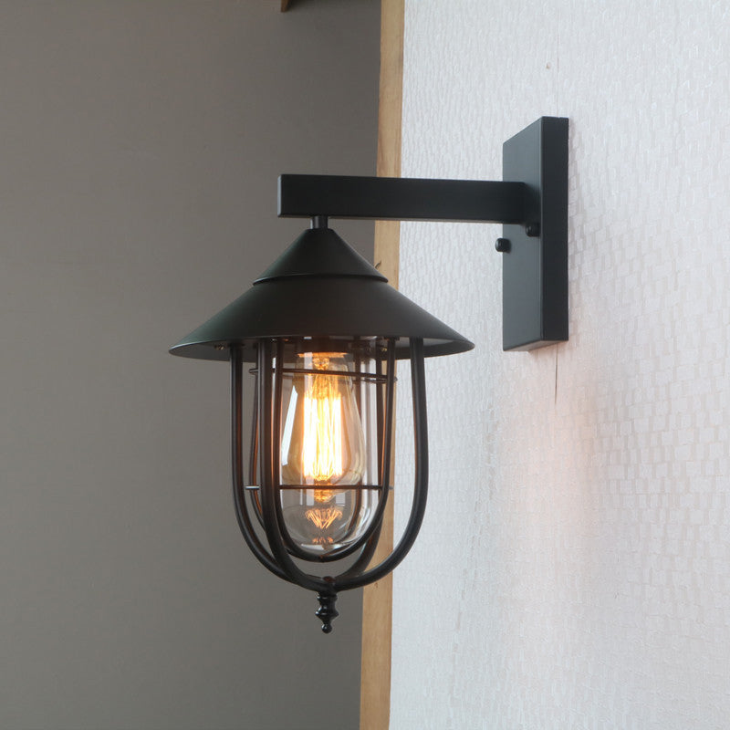 Avtoit | Half-Capsule Cage Gang Wall Lamp Rustic Metal Single Black Wall Lamp with Conical Top