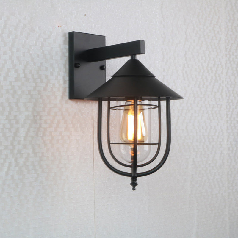 Avtoit | Half-Capsule Cage Gang Wall Lamp Rustic Metal Single Black Wall Lamp with Conical Top