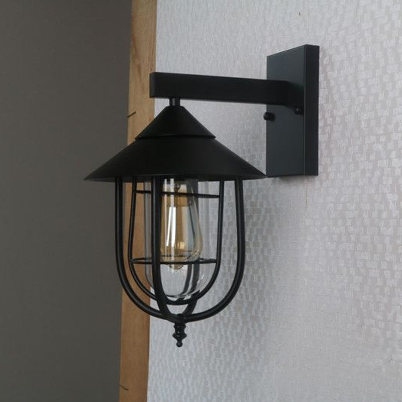 Avtoit | Half-Capsule Cage Gang Wall Lamp Rustic Metal Single Black Wall Lamp with Conical Top